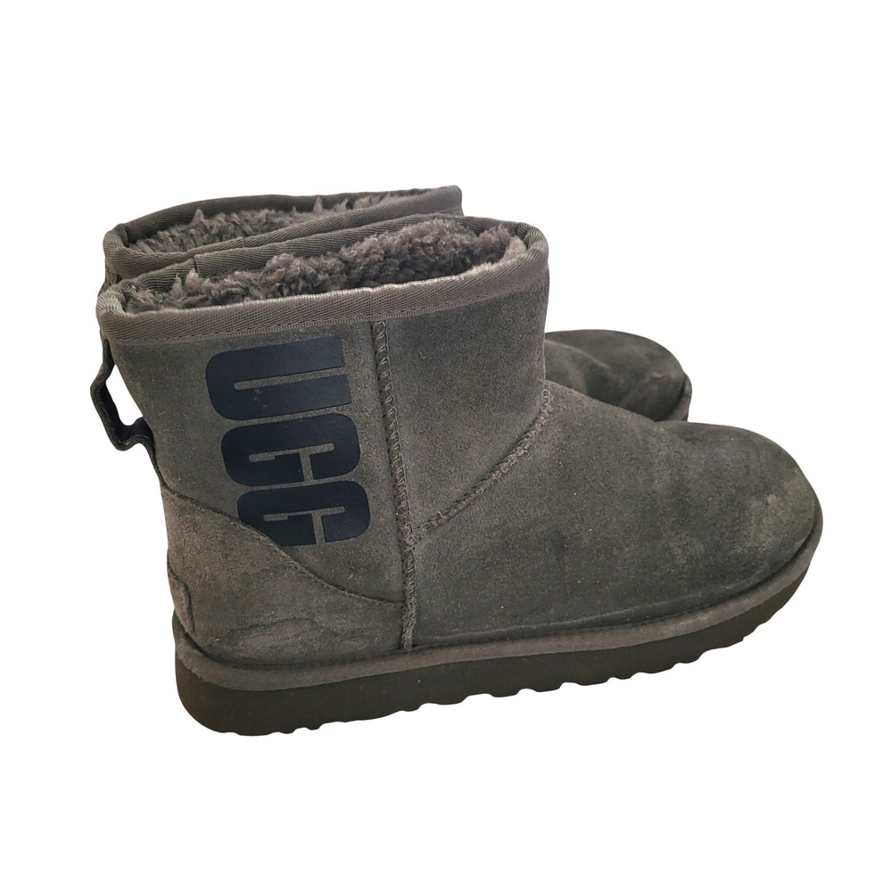 UGG Gray Suede Ankle Boots Classic Mini Rubber Logo Womens Size 7 Shearling